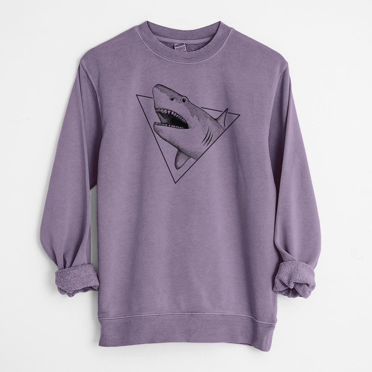 Plum purple pigment dyed crewneck sweatshirt laid flat with the sleeves rolled, printed with a black ink great white shark bursting out of a triangle outline with its mouth open.