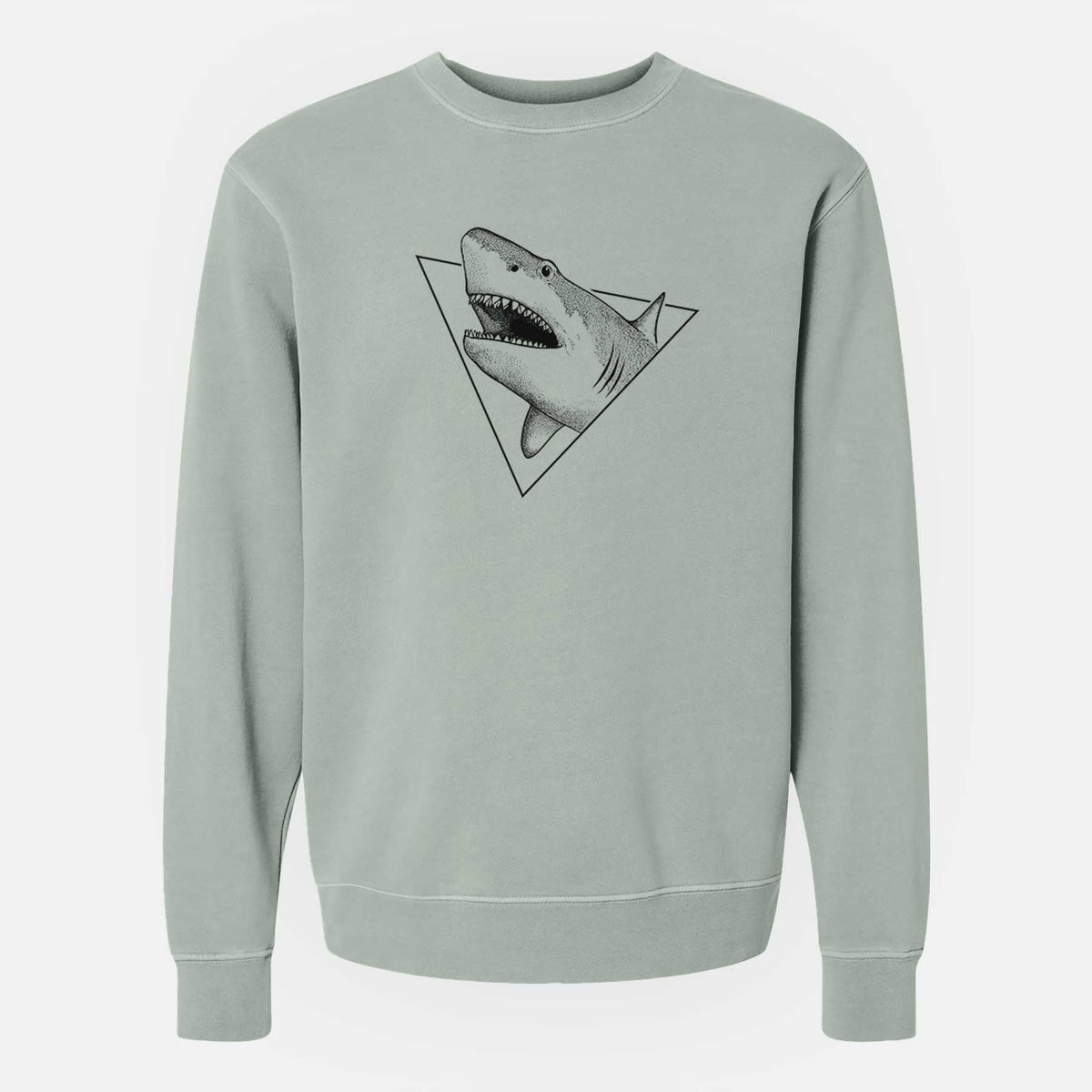 Sage green pigment dyed crewneck sweatshirt laid flat, printed with a black ink great white shark bursting out of a triangle outline with its mouth open.