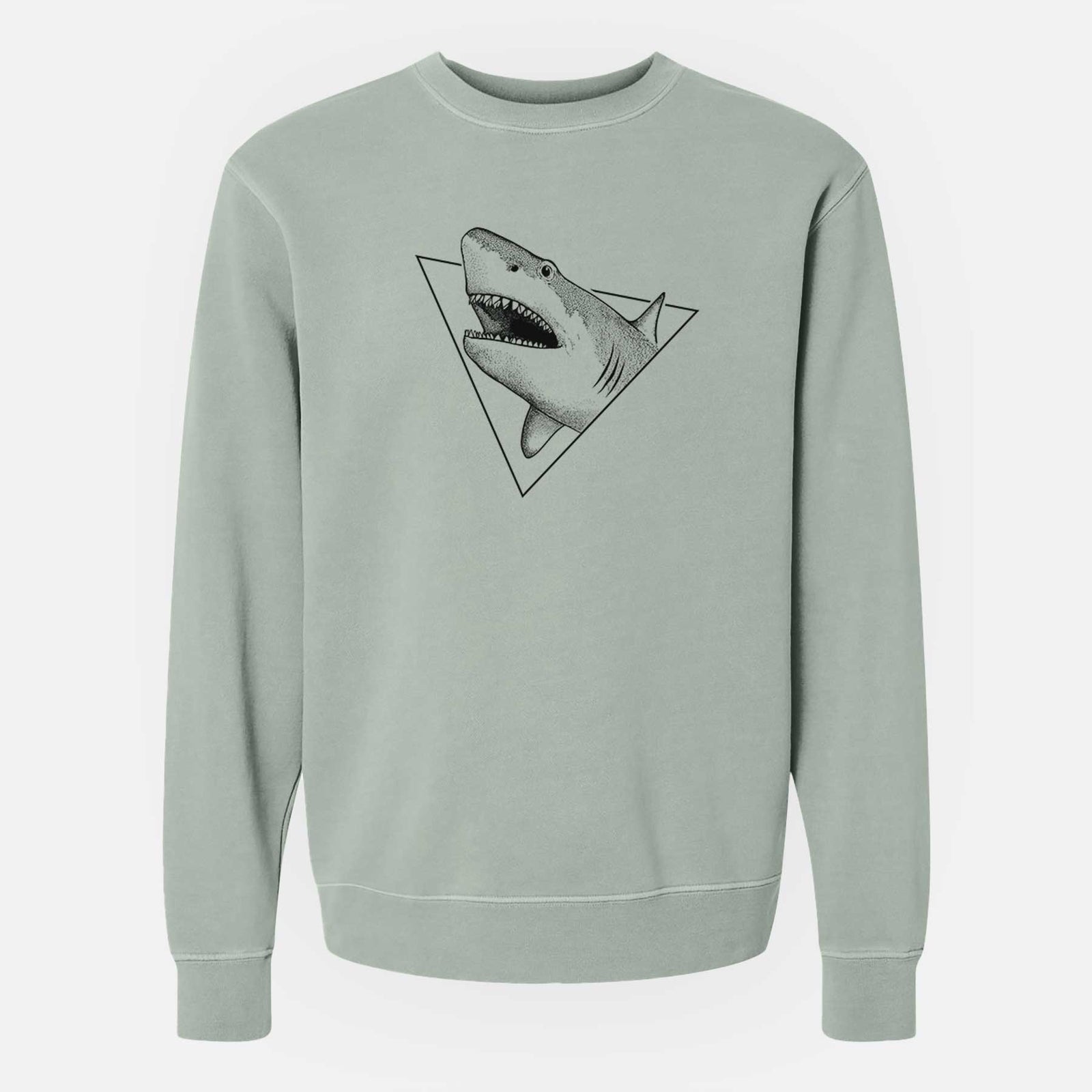 Sage green pigment dyed crewneck sweatshirt laid flat, printed with a black ink great white shark bursting out of a triangle outline with its mouth open.