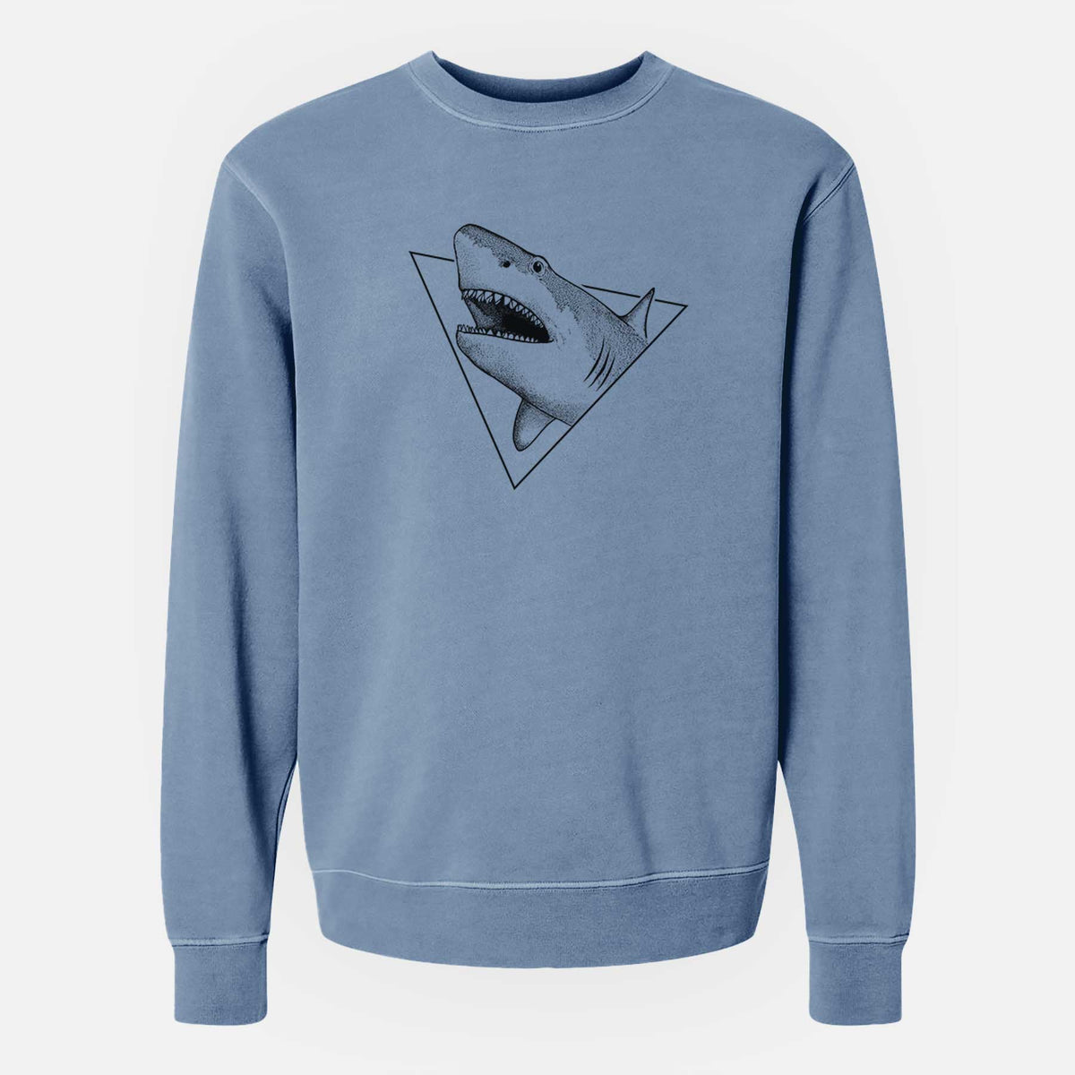 Slate blue pigment dyed crewneck sweatshirt laid flat, printed with a black ink great white shark bursting out of a triangle outline with its mouth open.