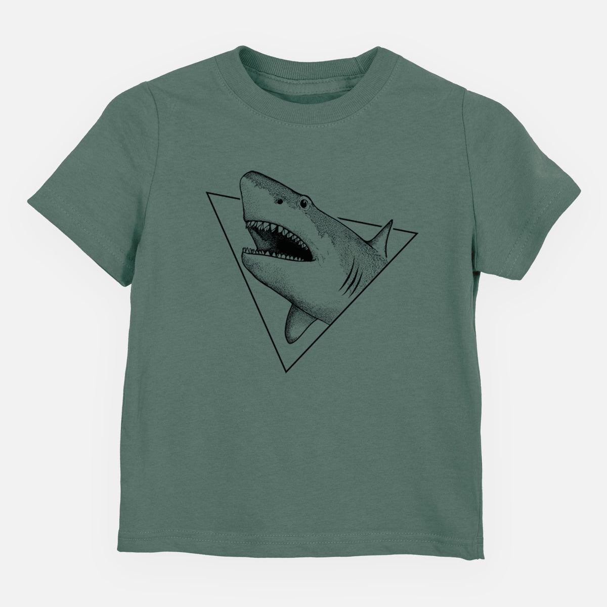 Basil green toddler t-shirt laid flat, printed with a black ink great white shark bursting out of a triangle outline with its mouth open.