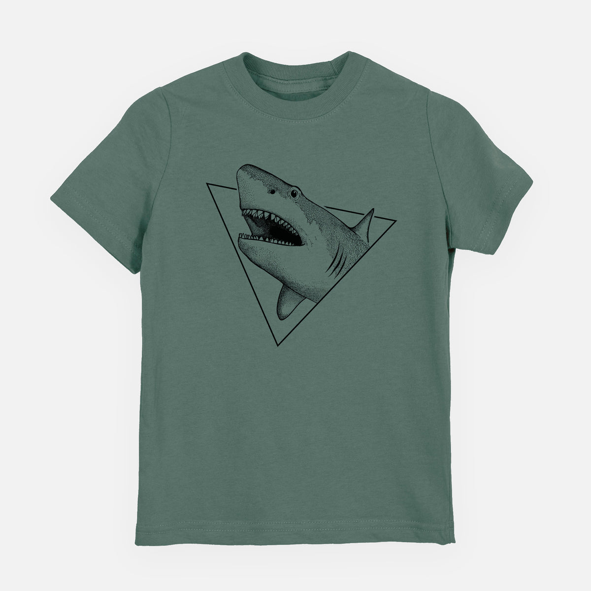 Basil green youth t-shirt laid flat, printed with a black ink great white shark bursting out of a triangle outline with its mouth open.