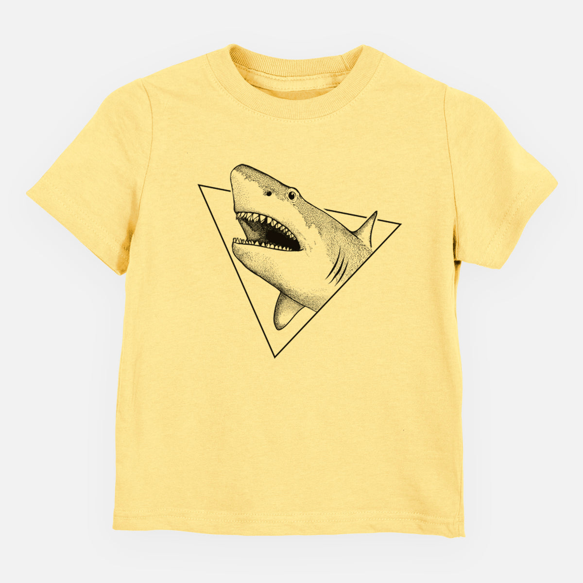 Butter yellow toddler t-shirt laid flat, printed with a black ink great white shark bursting out of a triangle outline with its mouth open.