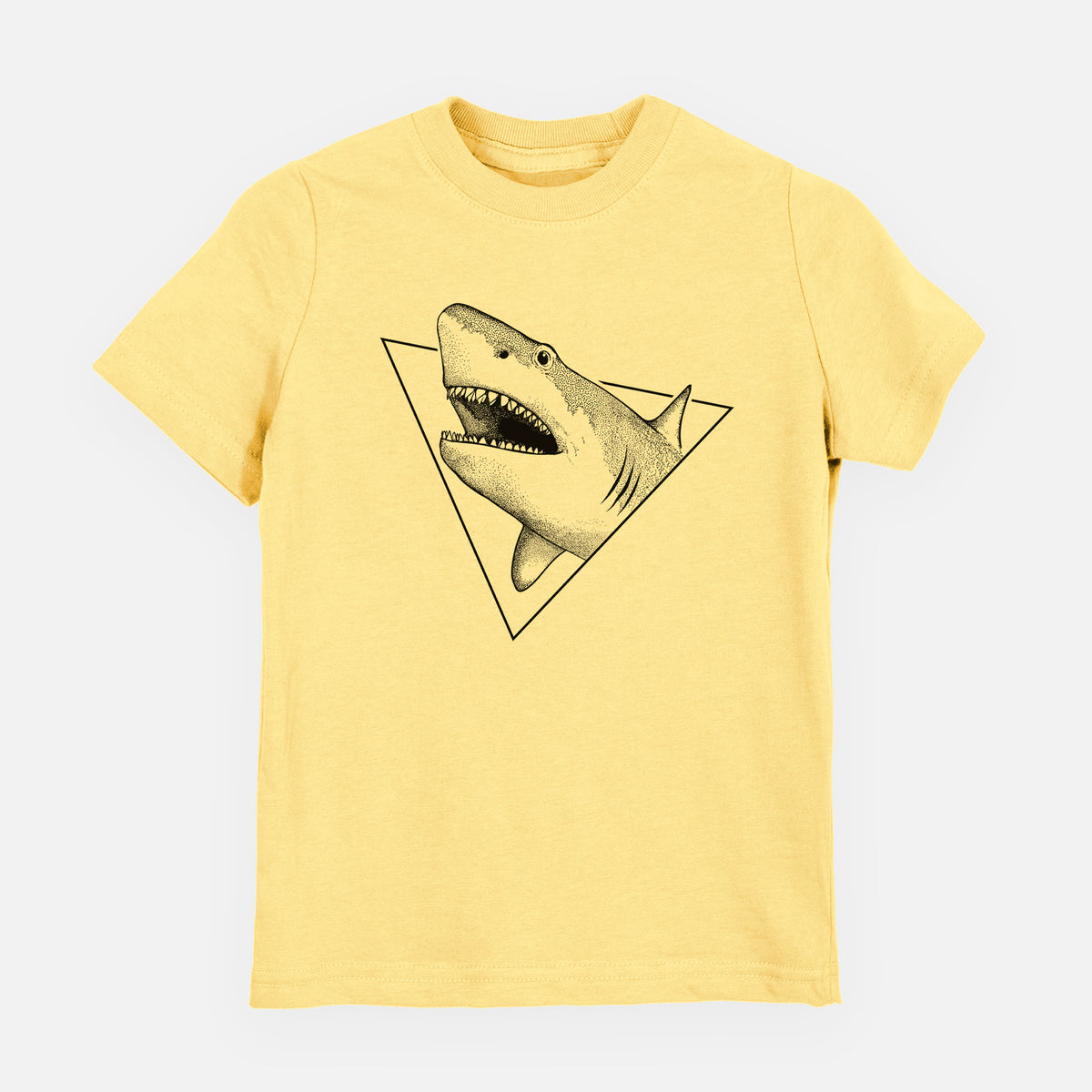 Butter yellow youth t-shirt laid flat, printed with a black ink great white shark bursting out of a triangle outline with its mouth open.