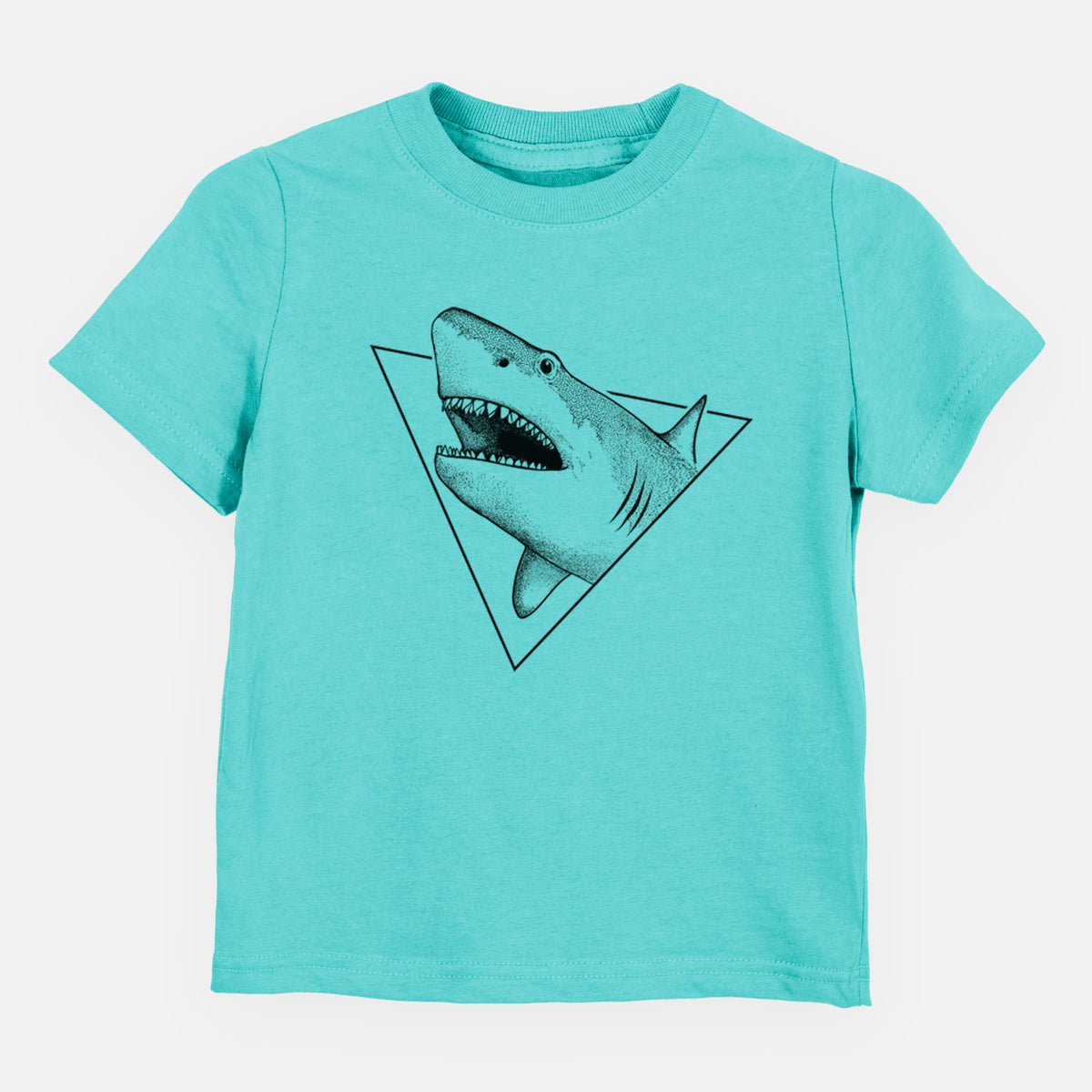 Caribbean blue toddler t-shirt laid flat, printed with a black ink great white shark bursting out of a triangle outline with its mouth open.