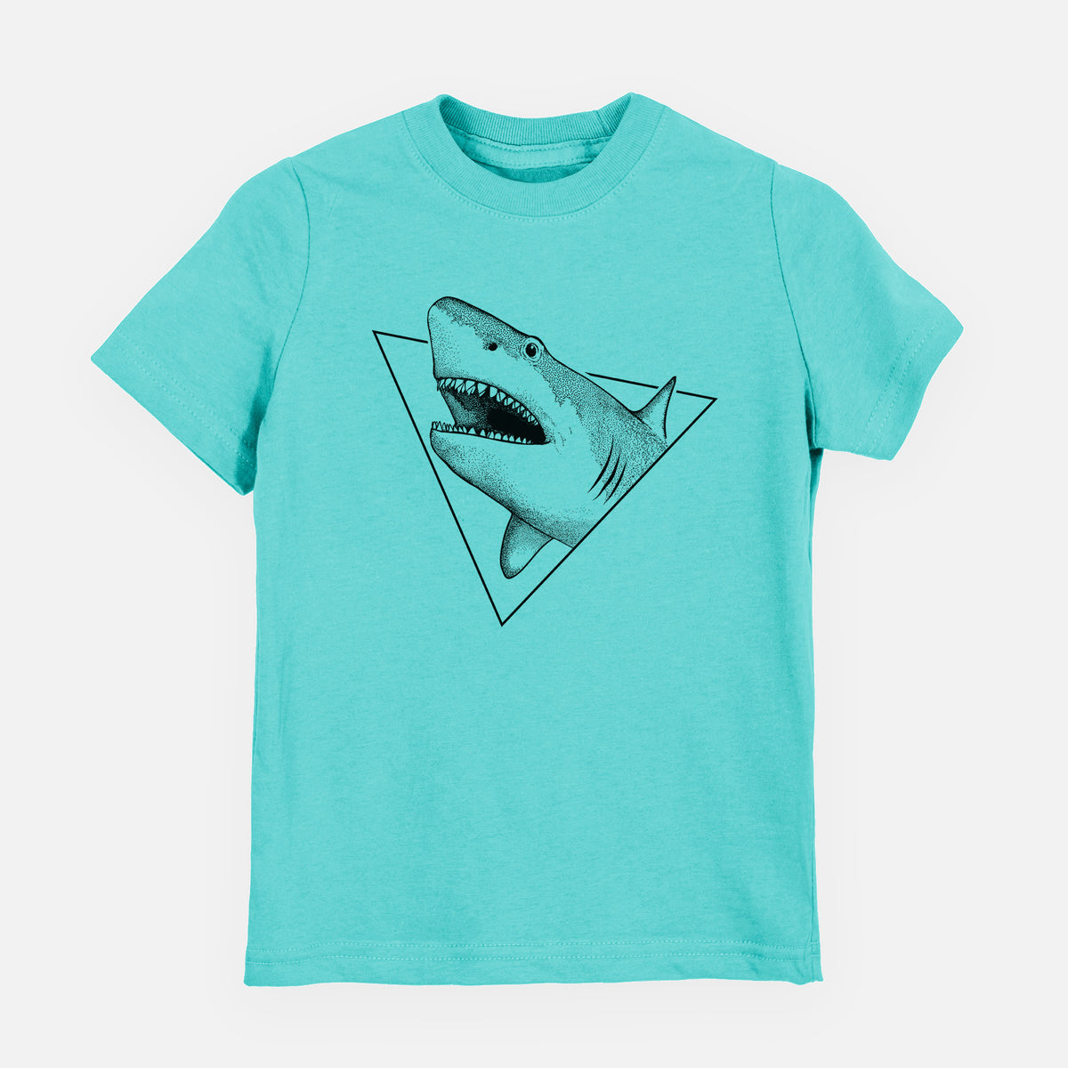 Caribbean blue youth t-shirt laid flat, printed with a black ink great white shark bursting out of a triangle outline with its mouth open.