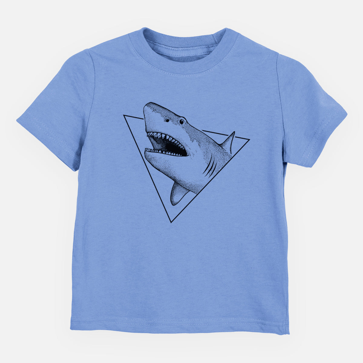 Carolina blue toddler t-shirt laid flat, printed with a black ink great white shark bursting out of a triangle outline with its mouth open.