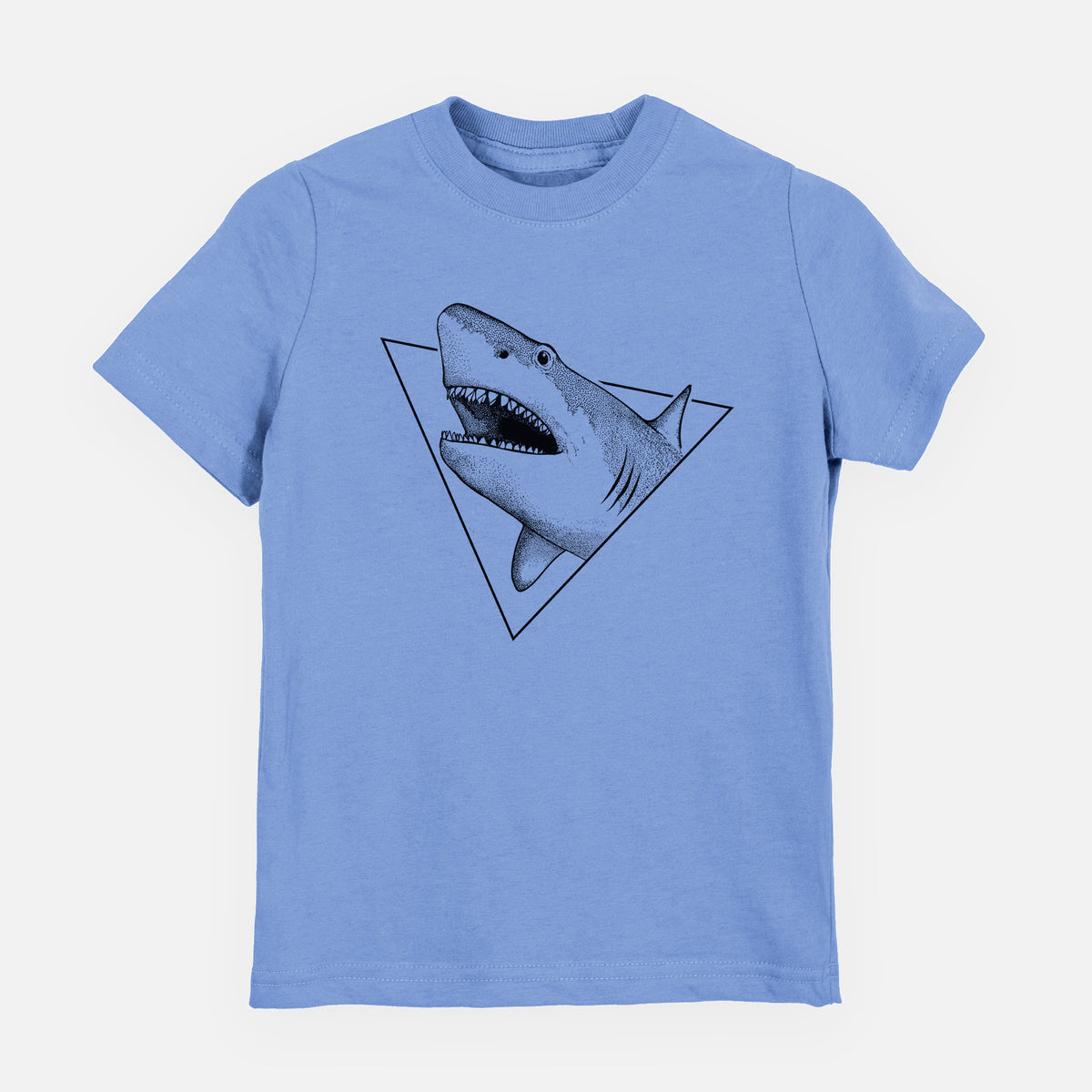 Carolina blue youth t-shirt laid flat, printed with a black ink great white shark bursting out of a triangle outline with its mouth open.