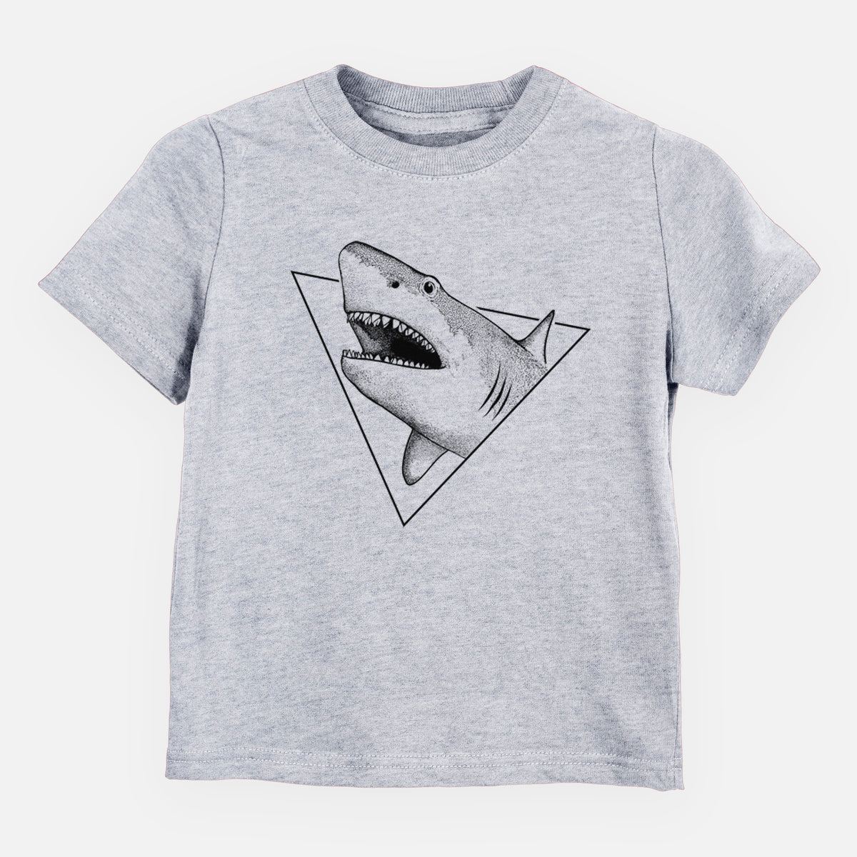 Heather grey toddler t-shirt laid flat, printed with a black ink great white shark bursting out of a triangle outline with its mouth open.