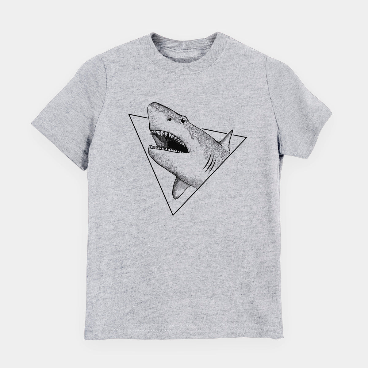 Heather grey youth t-shirt laid flat, printed with a black ink great white shark bursting out of a triangle outline with its mouth open.