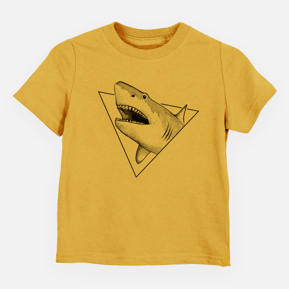 Honeycomb yellow toddler t-shirt laid flat, printed with a black ink great white shark bursting out of a triangle outline with its mouth open.