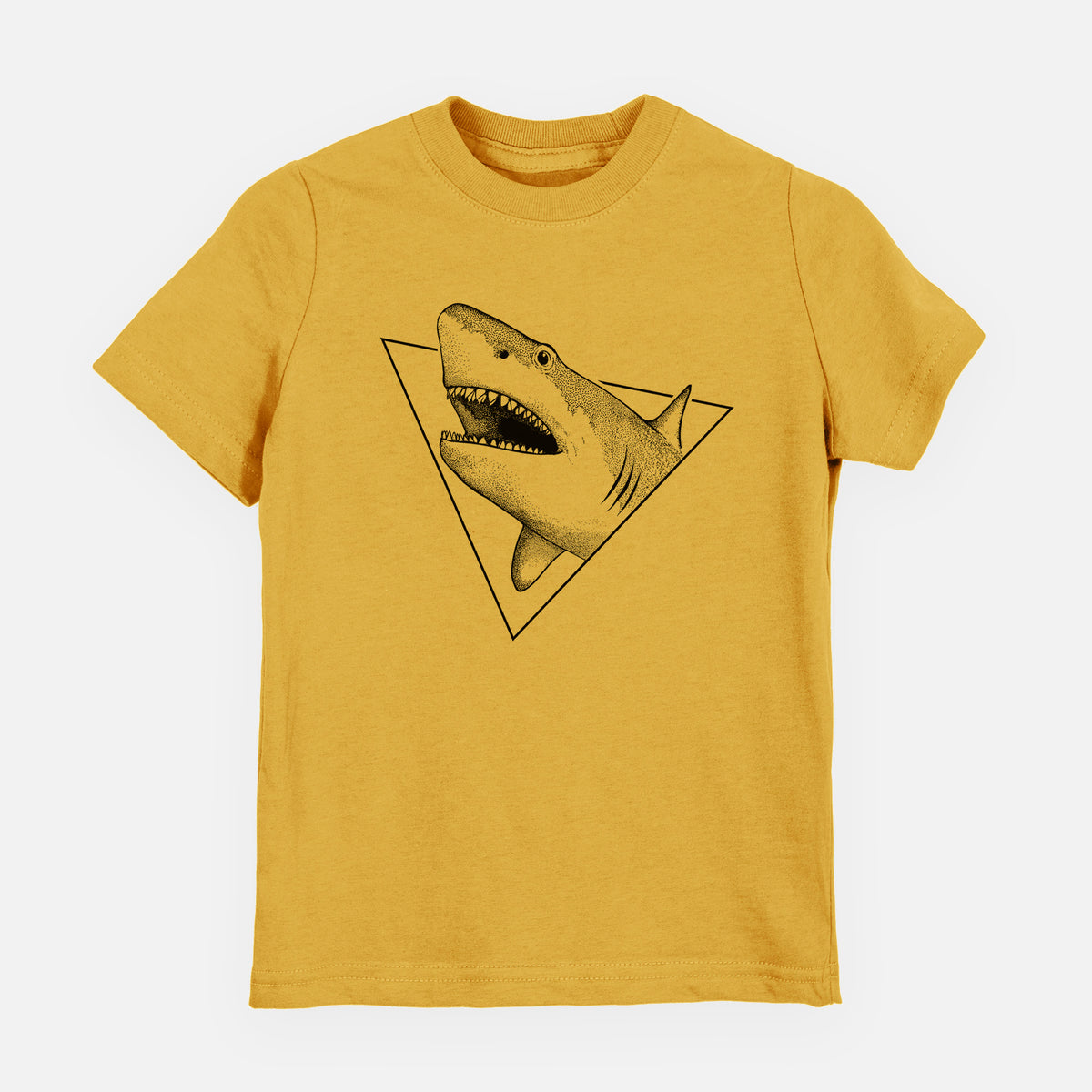 Honeycomb yellow youth t-shirt laid flat, printed with a black ink great white shark bursting out of a triangle outline with its mouth open.
