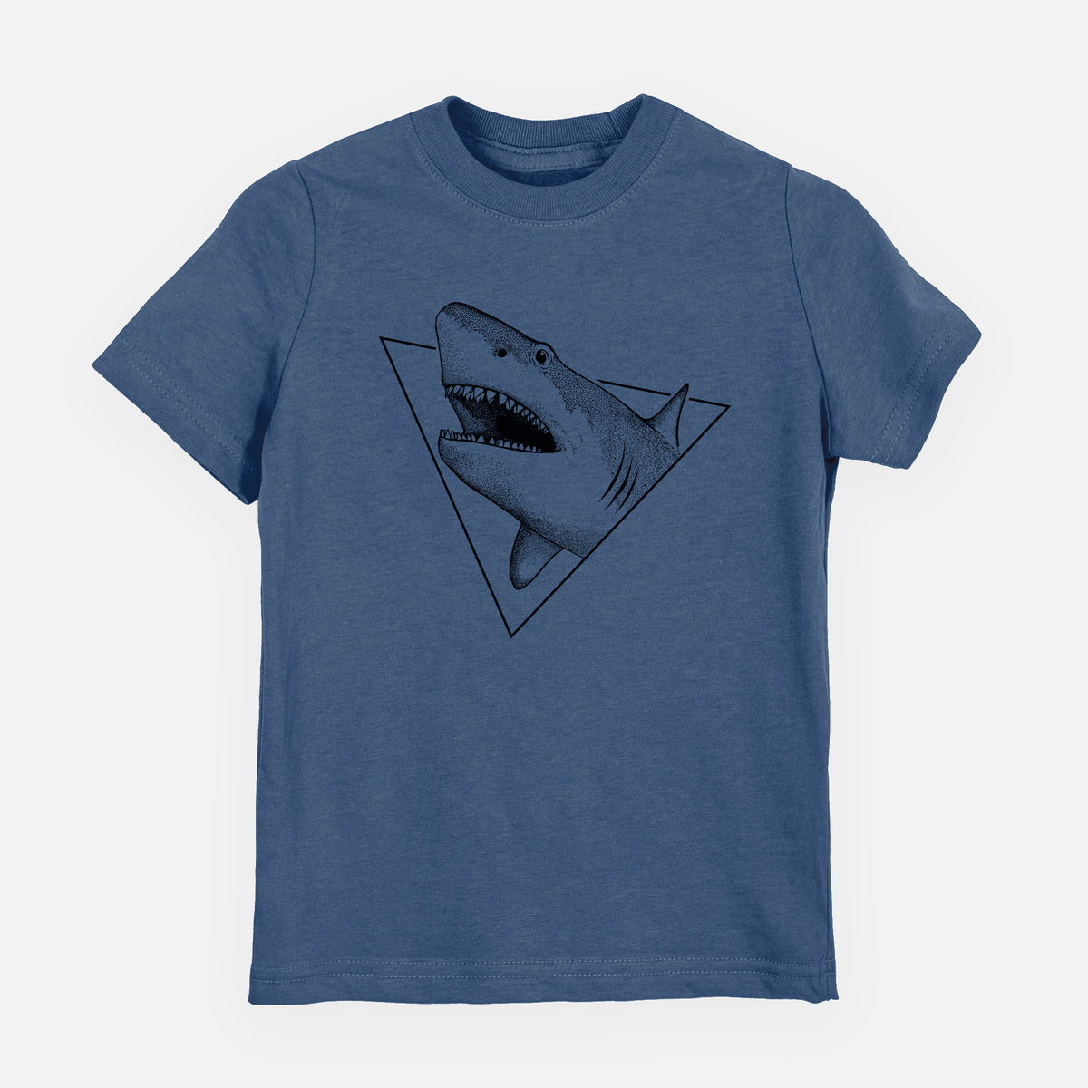 Indigo blue youth t-shirt laid flat, printed with a black ink great white shark bursting out of a triangle outline with its mouth open.