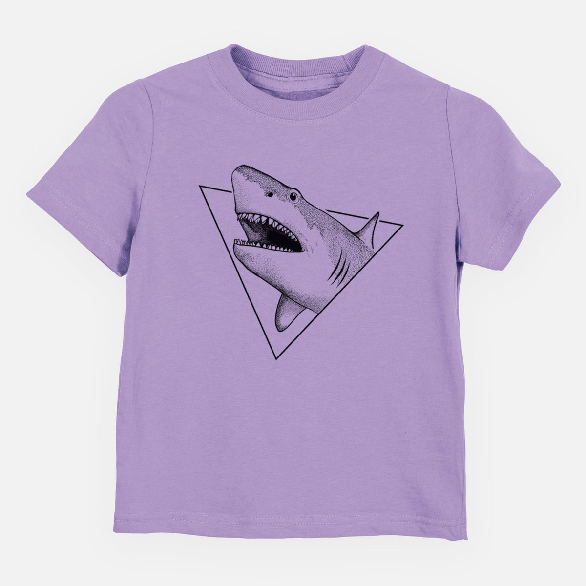 Lavender toddler t-shirt laid flat, printed with a black ink great white shark bursting out of a triangle outline with its mouth open.