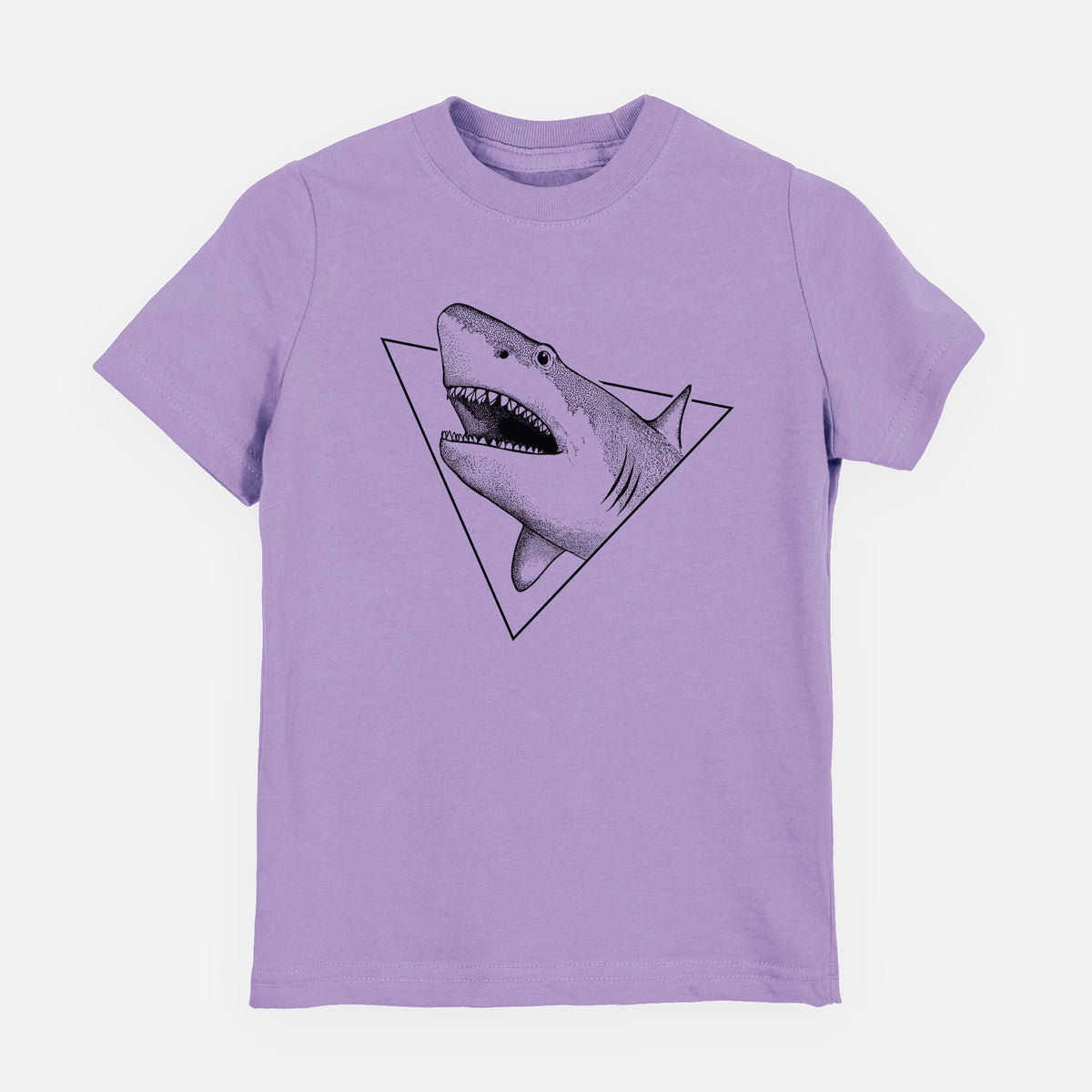 Lavender youth t-shirt laid flat, printed with a black ink great white shark bursting out of a triangle outline with its mouth open.