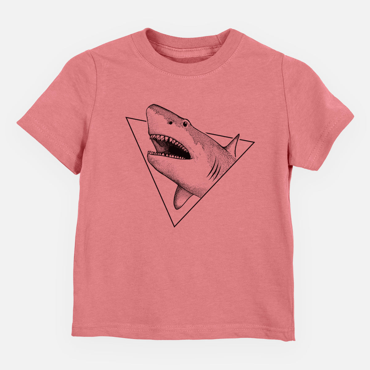 Mauve pink toddler t-shirt laid flat, printed with a black ink great white shark bursting out of a triangle outline with its mouth open.