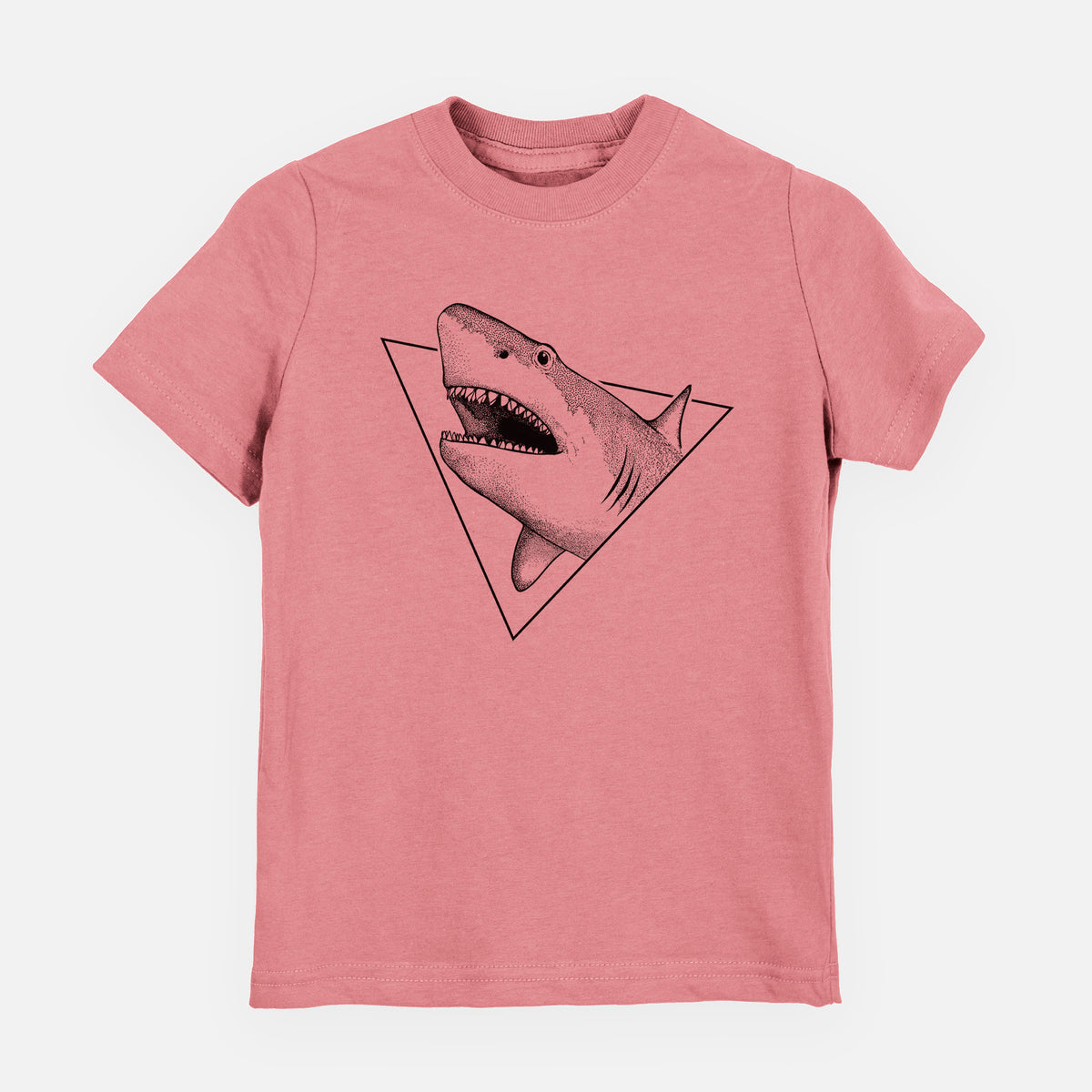 Mauve pink youth t-shirt laid flat, printed with a black ink great white shark bursting out of a triangle outline with its mouth open.