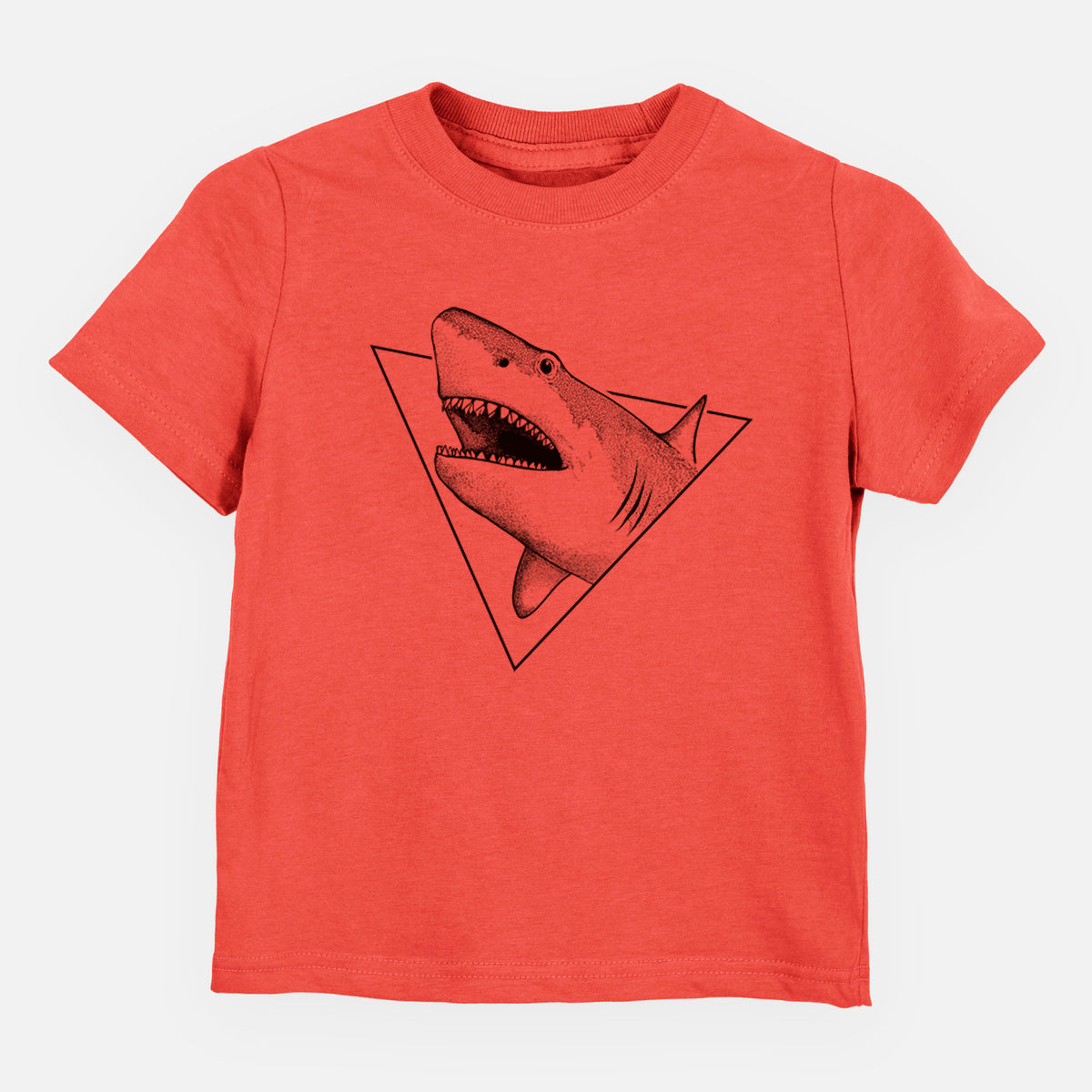 Passionfruit pink toddler t-shirt laid flat, printed with a black ink great white shark bursting out of a triangle outline with its mouth open.