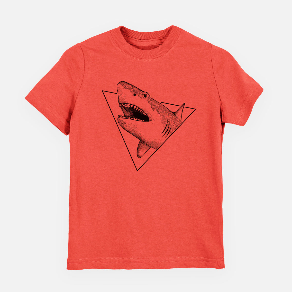 Passionfruit pink youth t-shirt laid flat, printed with a black ink great white shark bursting out of a triangle outline with its mouth open.