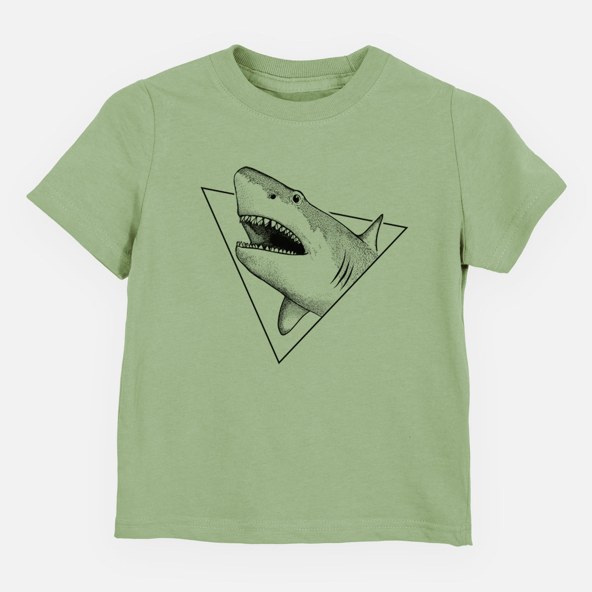 Sage green toddler t-shirt laid flat, printed with a black ink great white shark bursting out of a triangle outline with its mouth open.