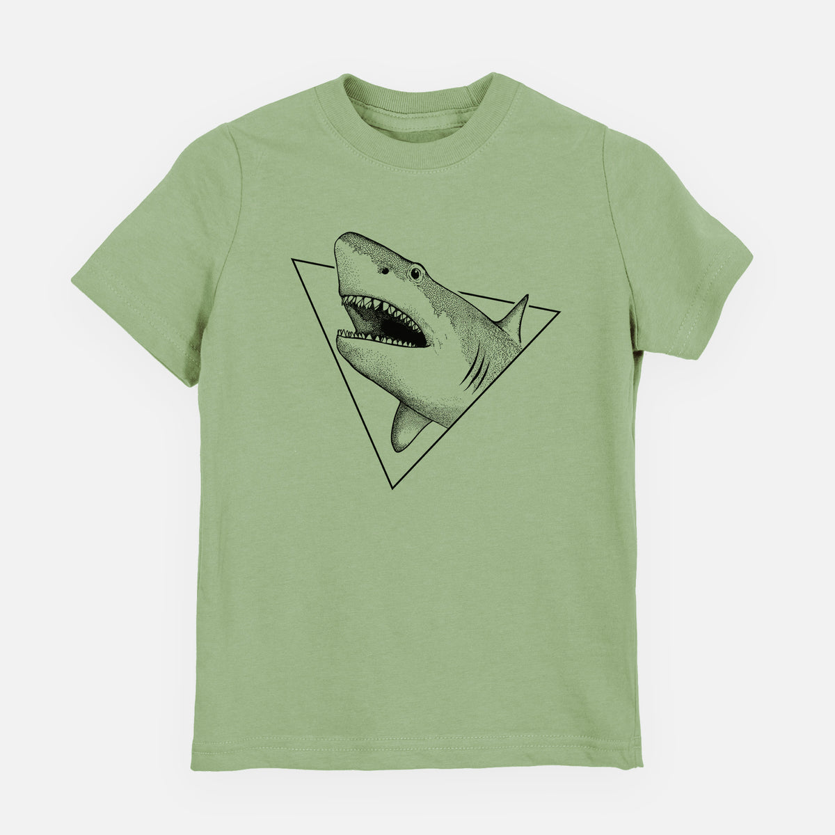 Sage green youth t-shirt laid flat, printed with a black ink great white shark bursting out of a triangle outline with its mouth open.