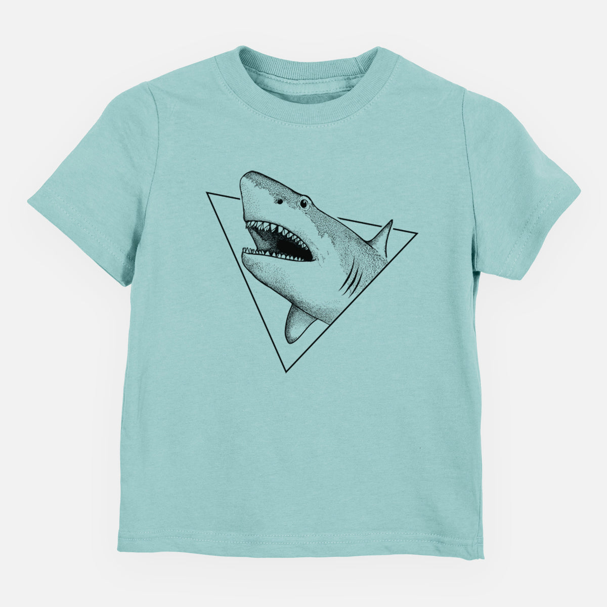 Saltwater toddler t-shirt laid flat, printed with a black ink great white shark bursting out of a triangle outline with its mouth open.