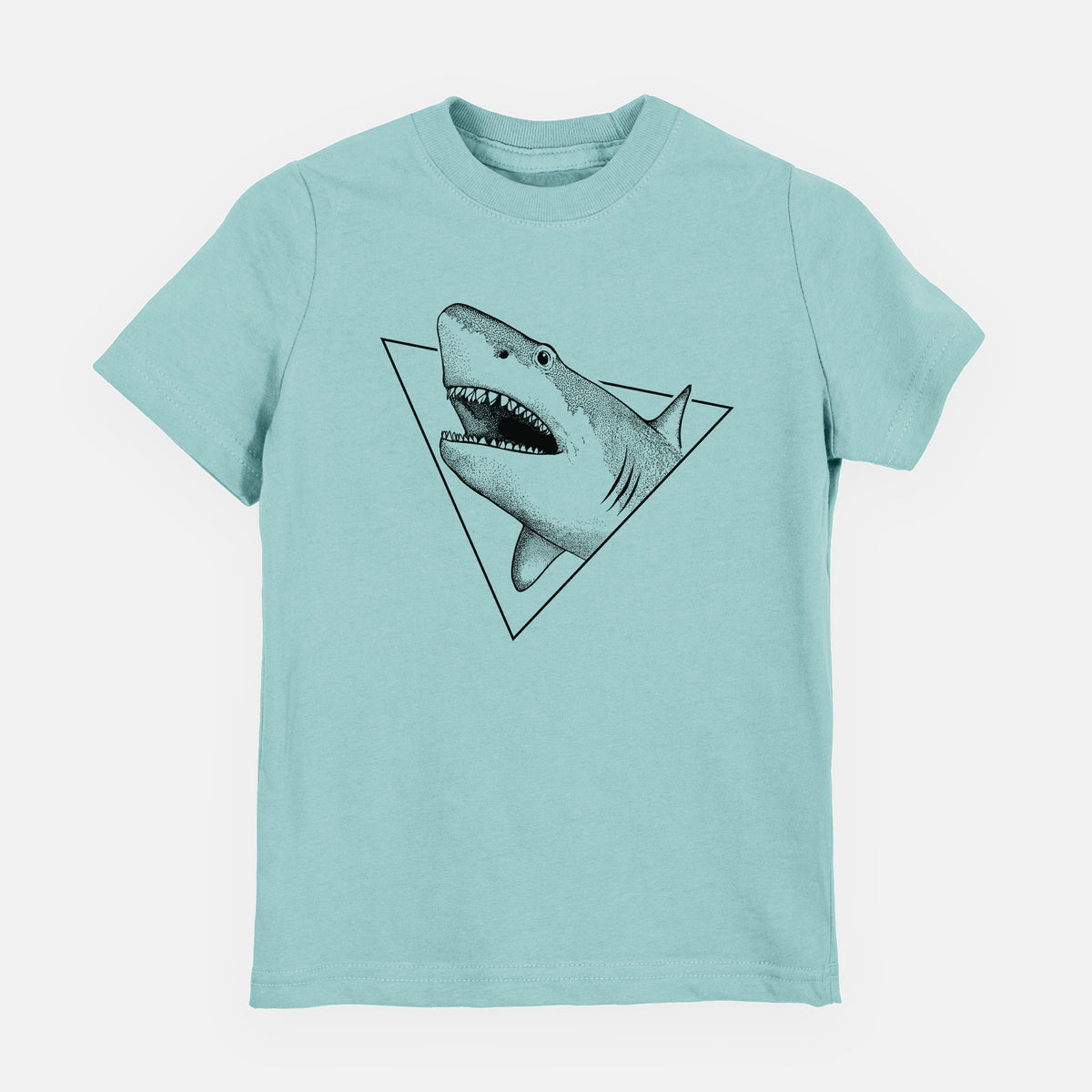 Saltwater youth t-shirt laid flat, printed with a black ink great white shark bursting out of a triangle outline with its mouth open.