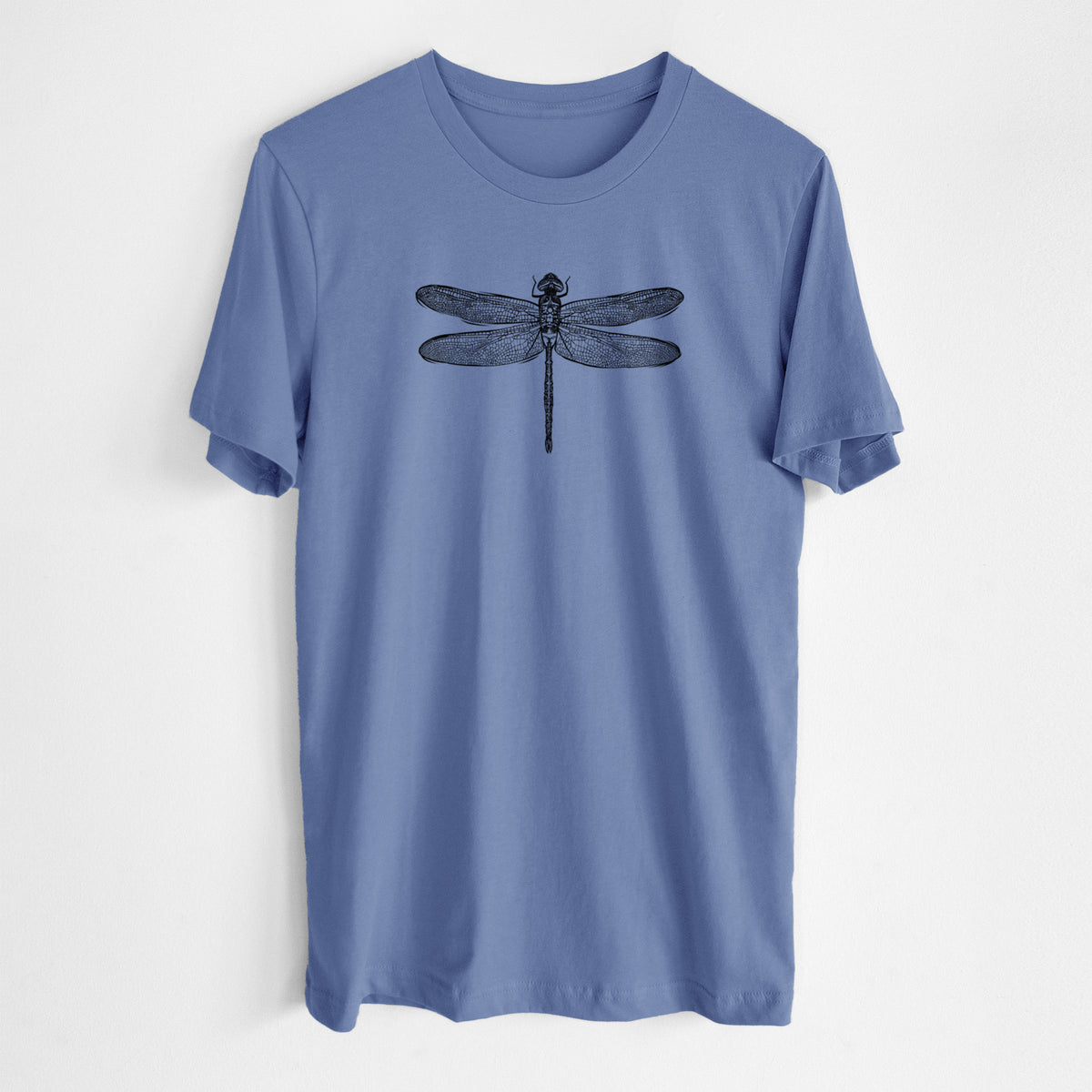 Blue bell lightweight cotton t-shirt laid flat, printed with a detailed black ink illustration of a green darner dragonfly with its wings spread, seen from above.