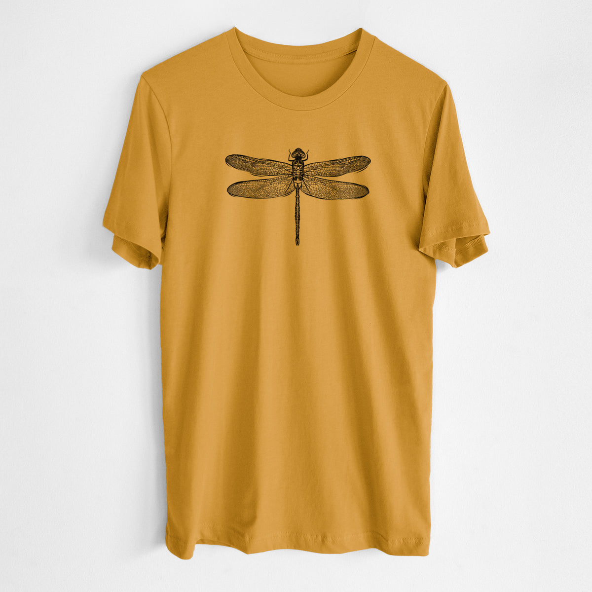 Honeycomb yellow lightweight cotton t-shirt laid flat, printed with a detailed black ink illustration of a green darner dragonfly with its wings spread, seen from above.