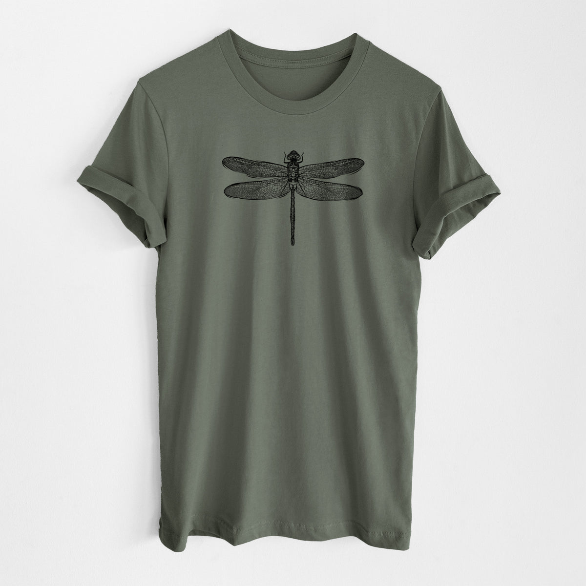 Military green lightweight cotton t-shirt laid flat, printed with a detailed black ink illustration of a green darner dragonfly with its wings spread, seen from above.