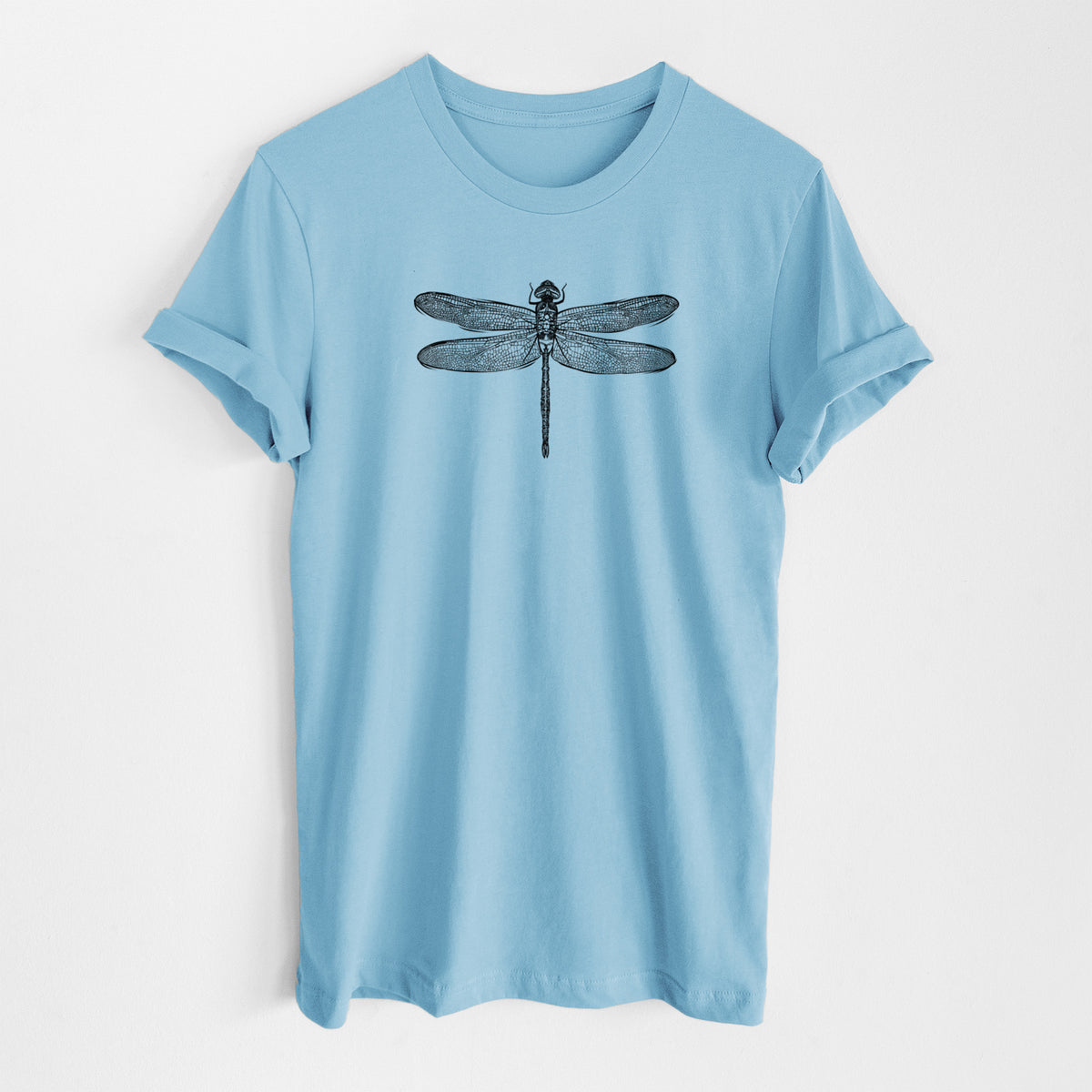 Ocean blue lightweight cotton t-shirt laid flat, printed with a detailed black ink illustration of a green darner dragonfly with its wings spread, seen from above.