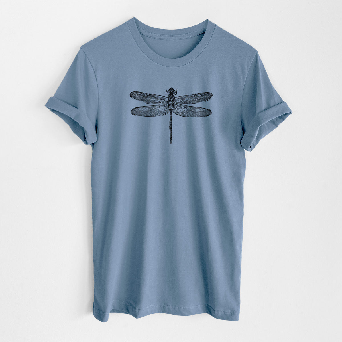 Steel blue lightweight cotton t-shirt laid flat, printed with a detailed black ink illustration of a green darner dragonfly with its wings spread, seen from above.