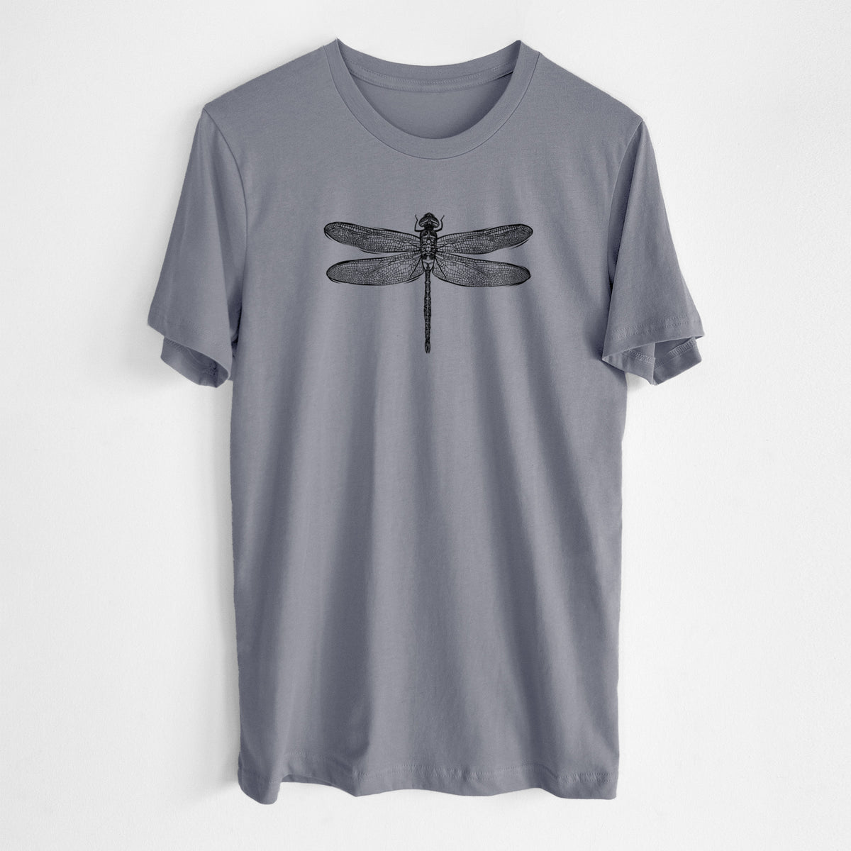 Storm grey lightweight cotton t-shirt laid flat, printed with a detailed black ink illustration of a green darner dragonfly with its wings spread, seen from above.