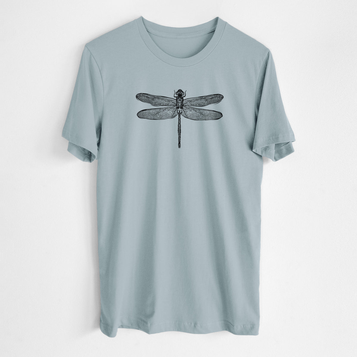Vintage denim lightweight cotton t-shirt laid flat, printed with a detailed black ink illustration of a green darner dragonfly with its wings spread, seen from above.