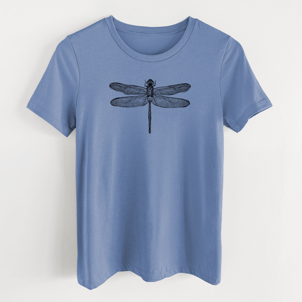 Blue bell women's relaxed fit cotton t-shirt laid flat, printed with a detailed black ink illustration of a green darner dragonfly with its wings spread, seen from above.