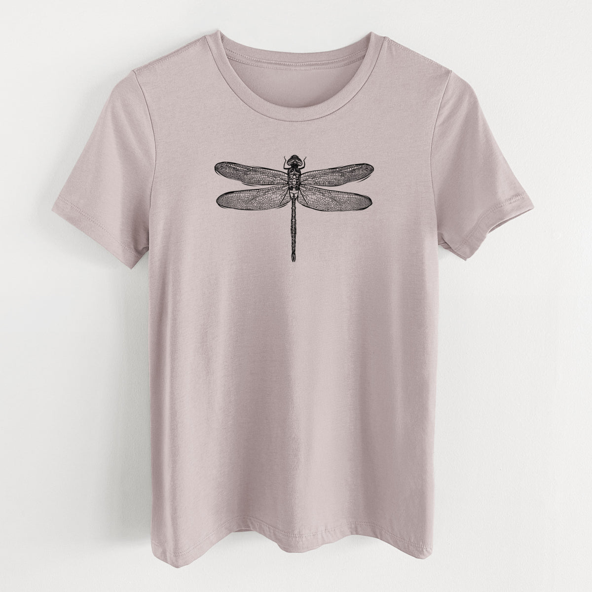 Pink gravel women's relaxed fit cotton t-shirt laid flat, printed with a detailed black ink illustration of a green darner dragonfly with its wings spread, seen from above.