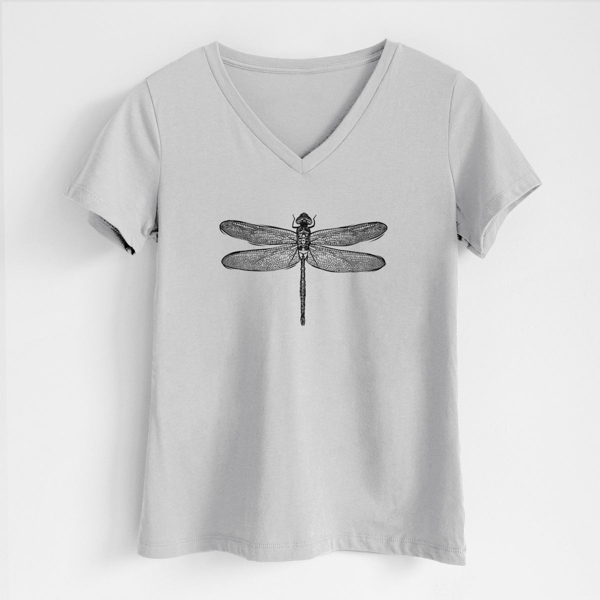 Lunar grey women's relaxed fit cotton V-neck t-shirt laid flat, printed with a detailed black ink illustration of a green darner dragonfly with its wings spread, seen from above.