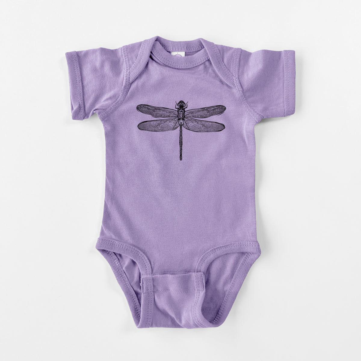 Lavender baby bodysuit laid flat, printed with a detailed black ink illustration of a green darner dragonfly with its wings spread, seen from above.