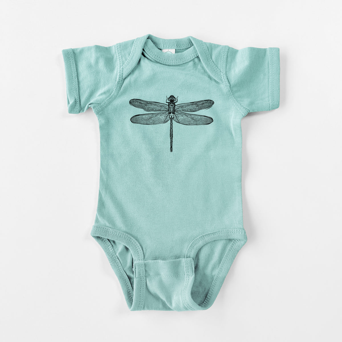 Saltwater baby bodysuit laid flat, printed with a detailed black ink illustration of a green darner dragonfly with its wings spread, seen from above.