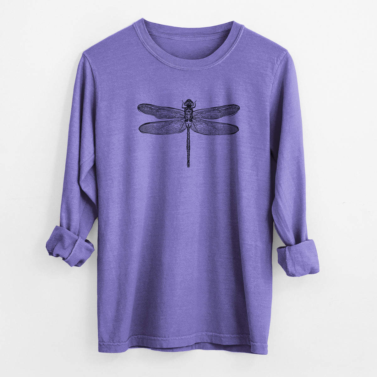 Violet purple Comfort Colors long sleeve shirt laid flat with the cuffs rolled, printed with a detailed black ink illustration of a green darner dragonfly with its wings spread, seen from above.