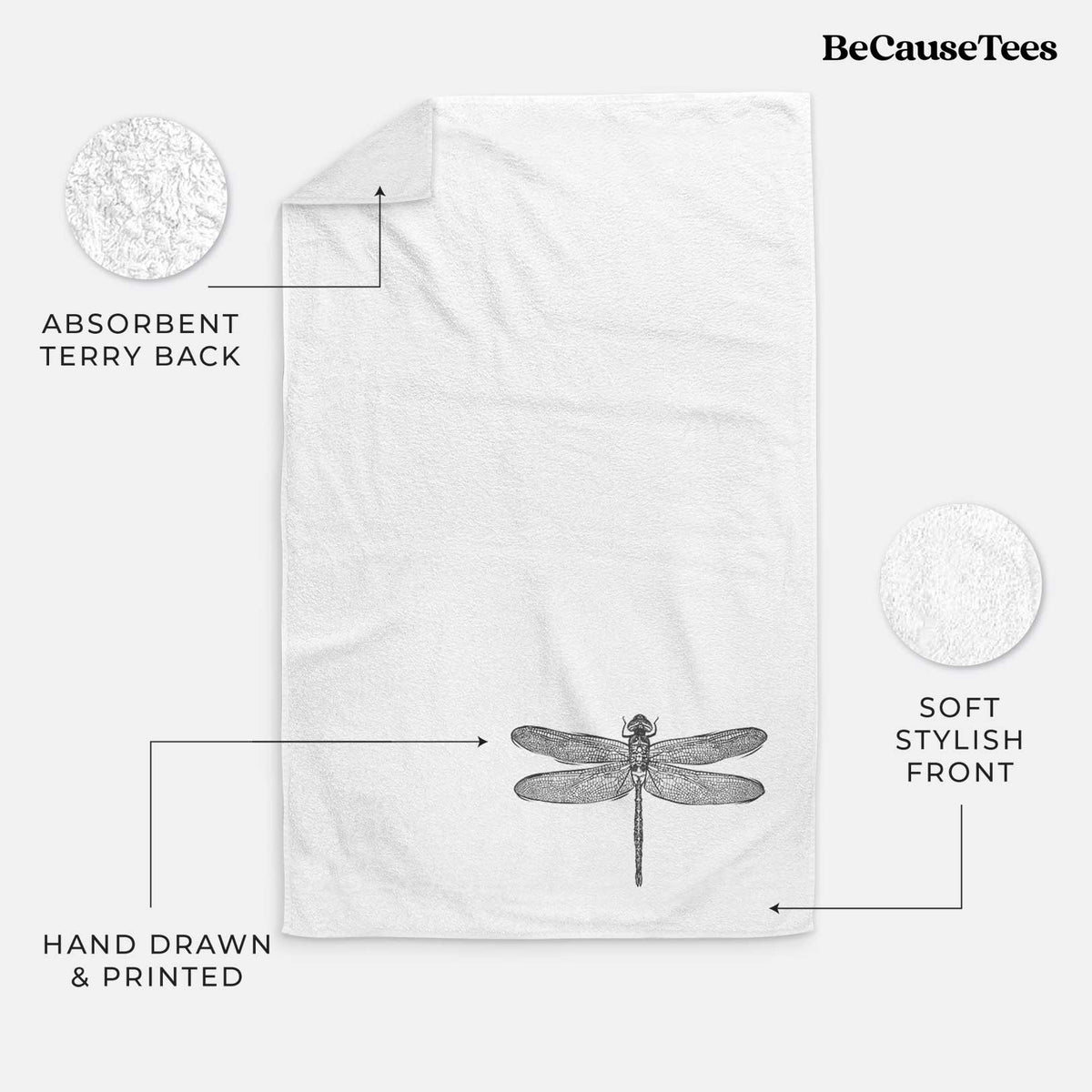 White hand towel printed with a detailed black ink illustration of a green darner dragonfly with its wings spread, seen from above.