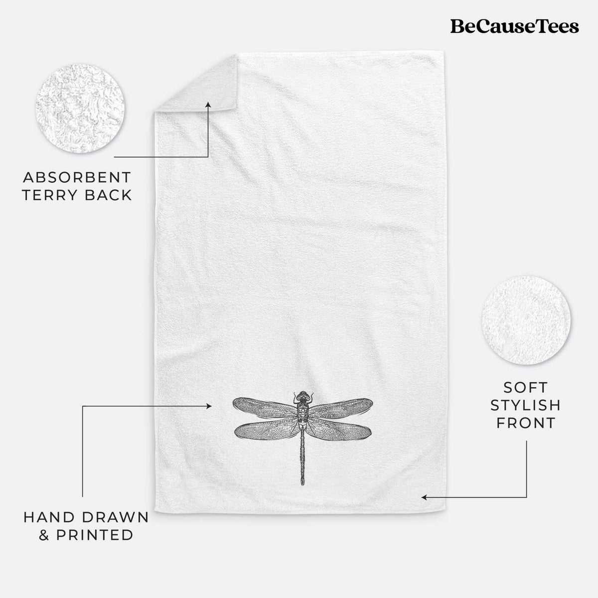 White hand towel printed with a detailed black ink illustration of a green darner dragonfly with its wings spread, seen from above.