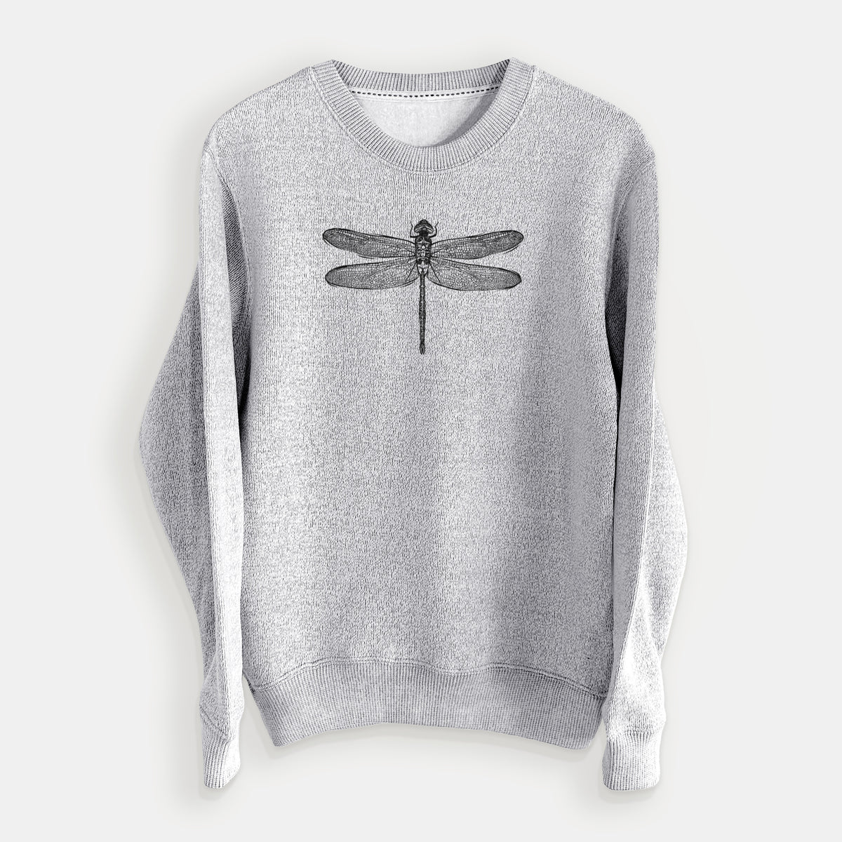 Salt and pepper knit sweatshirt laid flat, printed with a detailed black ink illustration of a green darner dragonfly with its wings spread, seen from above.