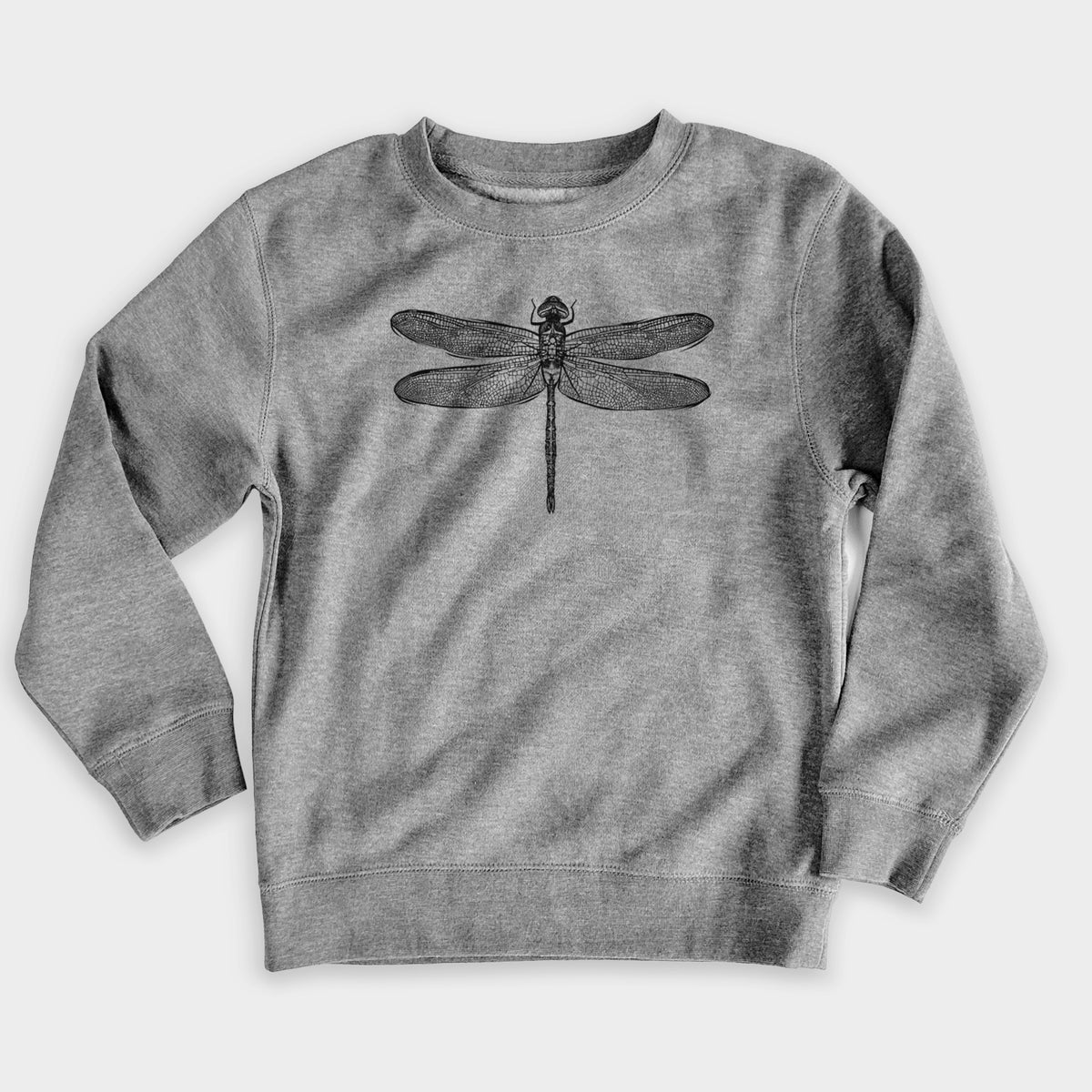 Nickel grey youth crewneck sweatshirt laid flat, printed with a detailed black ink illustration of a green darner dragonfly with its wings spread, seen from above.