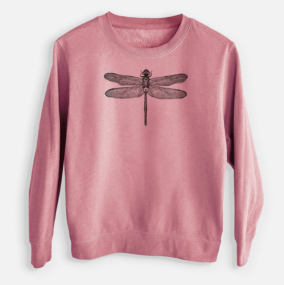Mauve pink youth crewneck sweatshirt laid flat, printed with a detailed black ink illustration of a green darner dragonfly with its wings spread, seen from above.