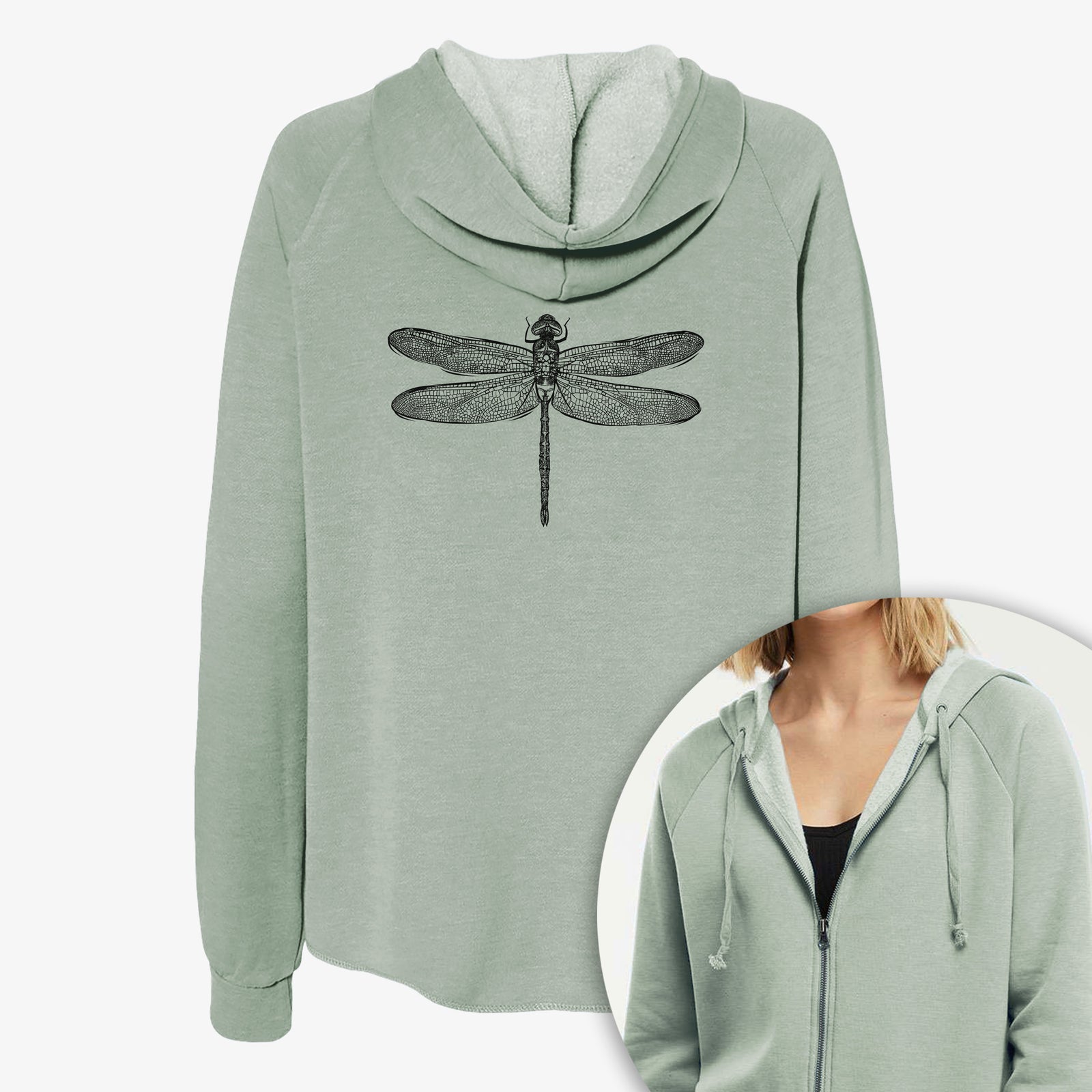 Women's Cali Wave zip-up sweatshirt printed with a detailed black ink illustration of a green darner dragonfly with its wings spread, seen from above, with a close-up of the zipper.