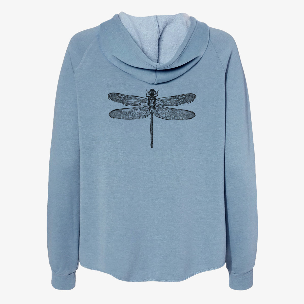 Misty blue women's Cali Wave zip-up sweatshirt laid flat, printed with a detailed black ink illustration of a green darner dragonfly with its wings spread, seen from above.