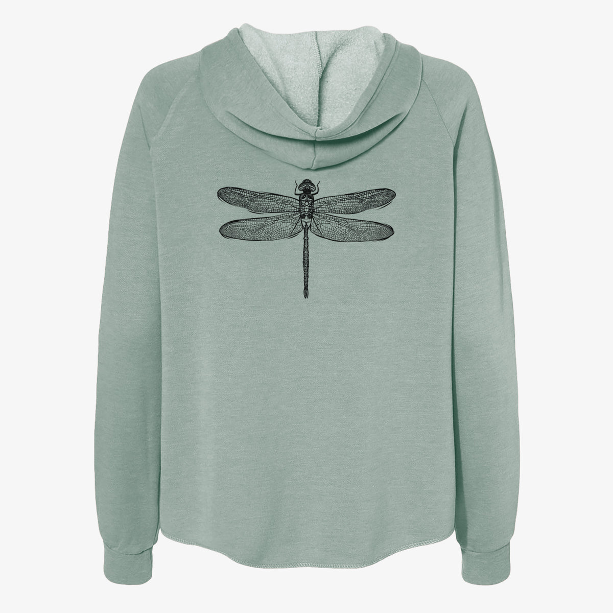 Sage green women's Cali Wave zip-up sweatshirt laid flat, printed with a detailed black ink illustration of a green darner dragonfly with its wings spread, seen from above.