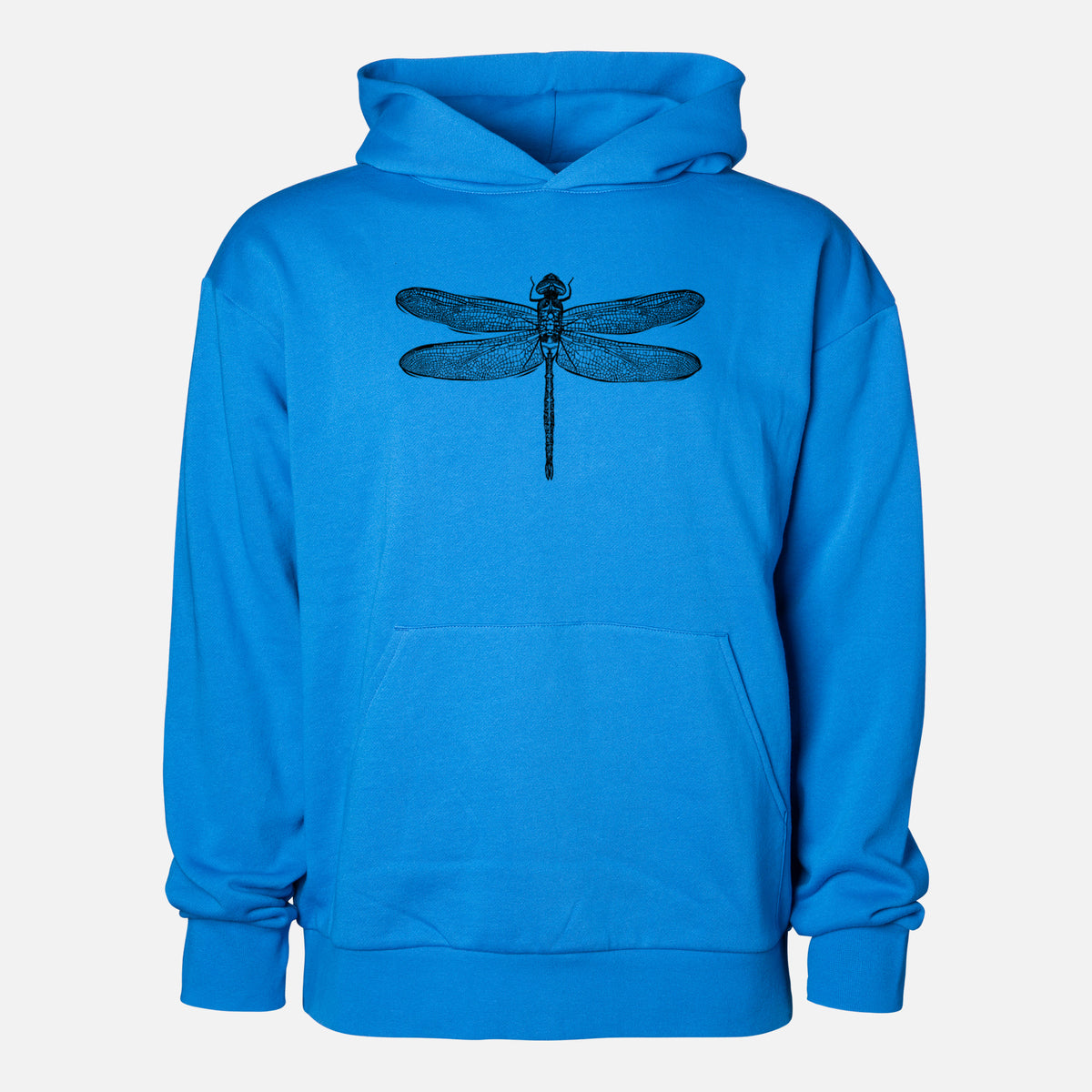 Anax Junius - Green Darner Dragonfly - Statement Midweight Hoodie in Azure Blue, shown from the front with the design printed on the chest above a front kangaroo pocket.