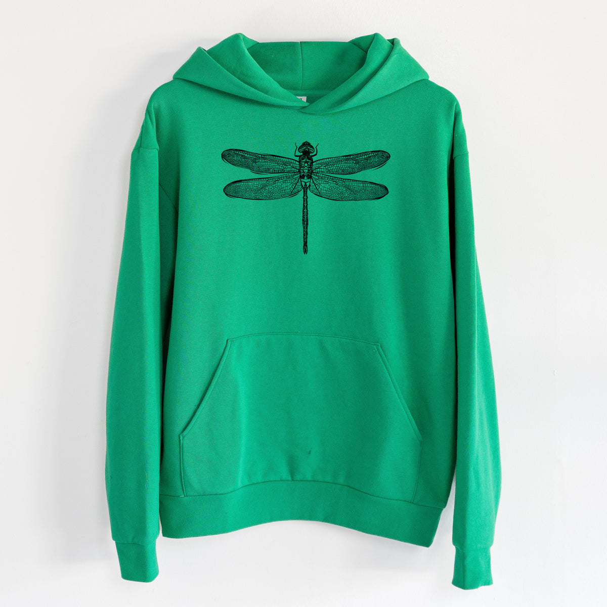 Anax Junius - Green Darner Dragonfly - Statement Midweight Hoodie in Kelly Green, hanging on a white wall, with a front kangaroo pocket and no drawcords.